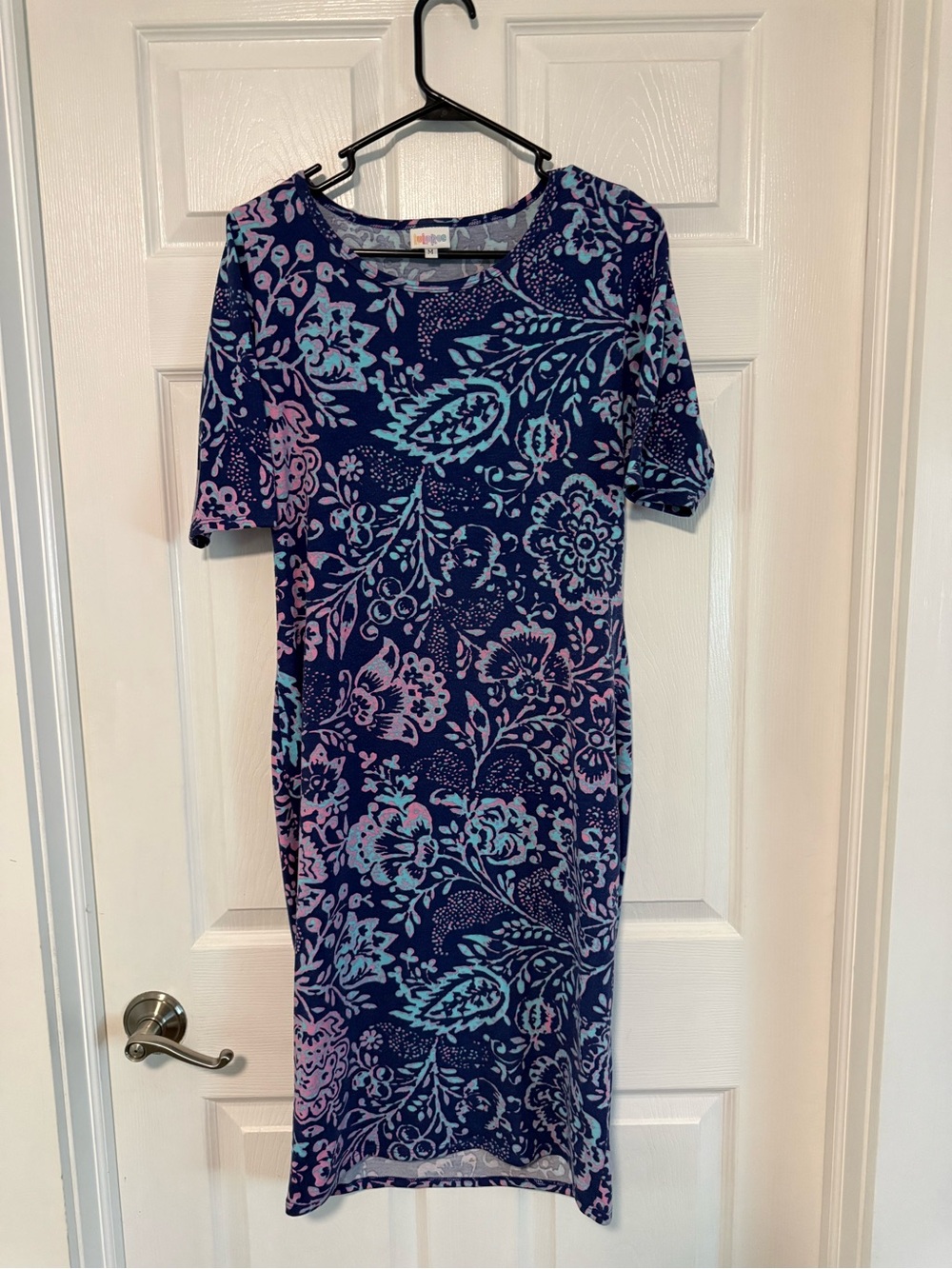 LuLaRoe Navy Midi Dress with Pink & Light Blue Floral Print